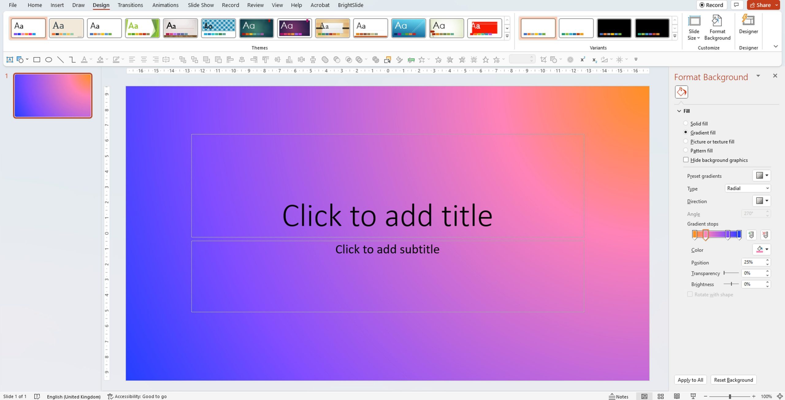 Screenshot of the same gradient slide background, this time with a small amount of orange in the top right hand corner
