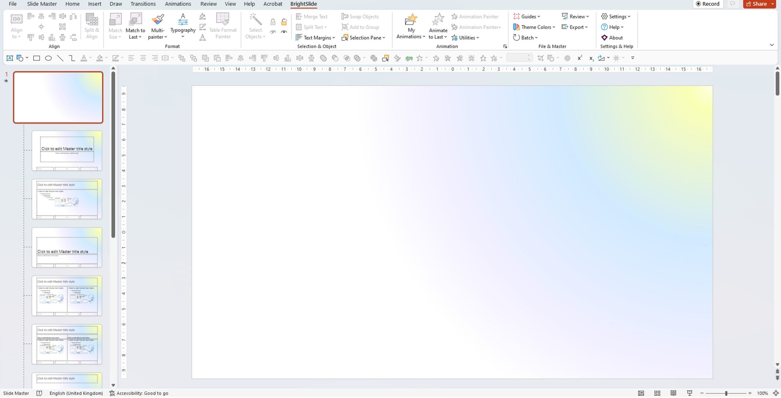 Screenshot of the slide master view in PowerPoint with a gradient applied to each slide that mimics the sun