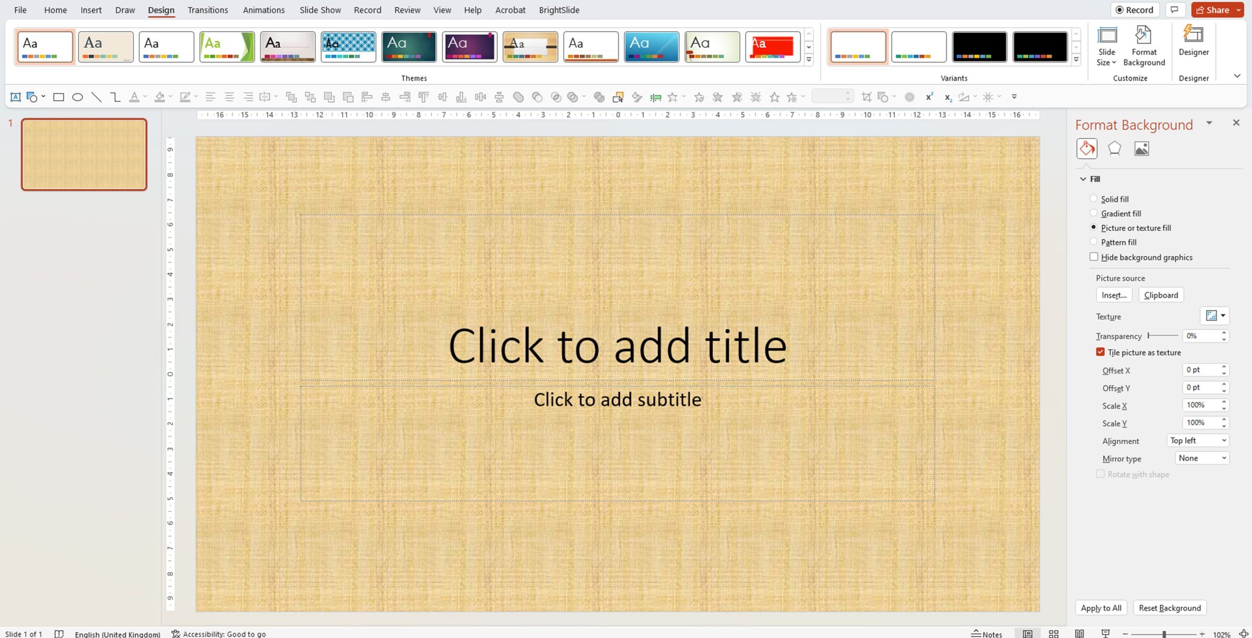 Screenshot of PowerPoint showing a slide with the default PowerPoint picture background - papyrus. 