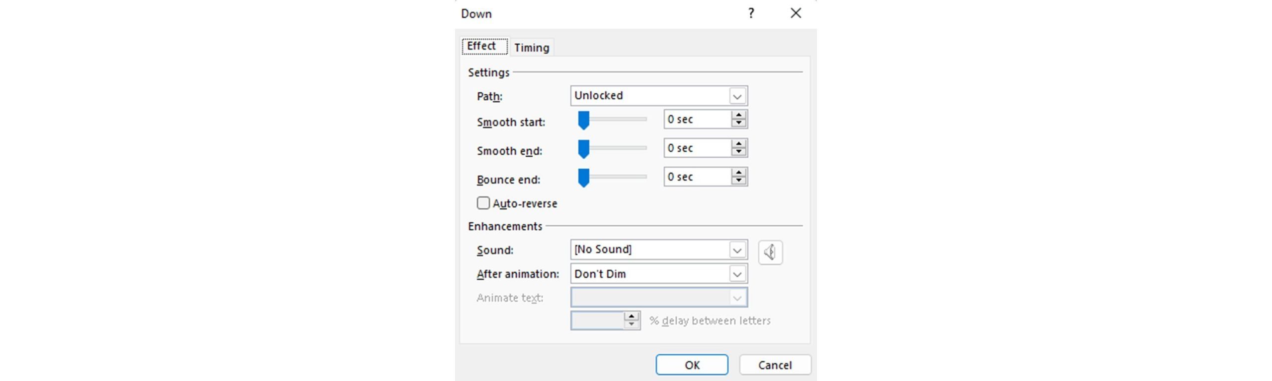 Effect options pop up for animation showing sliders for smooth start and smooth end to the very left of the scale.