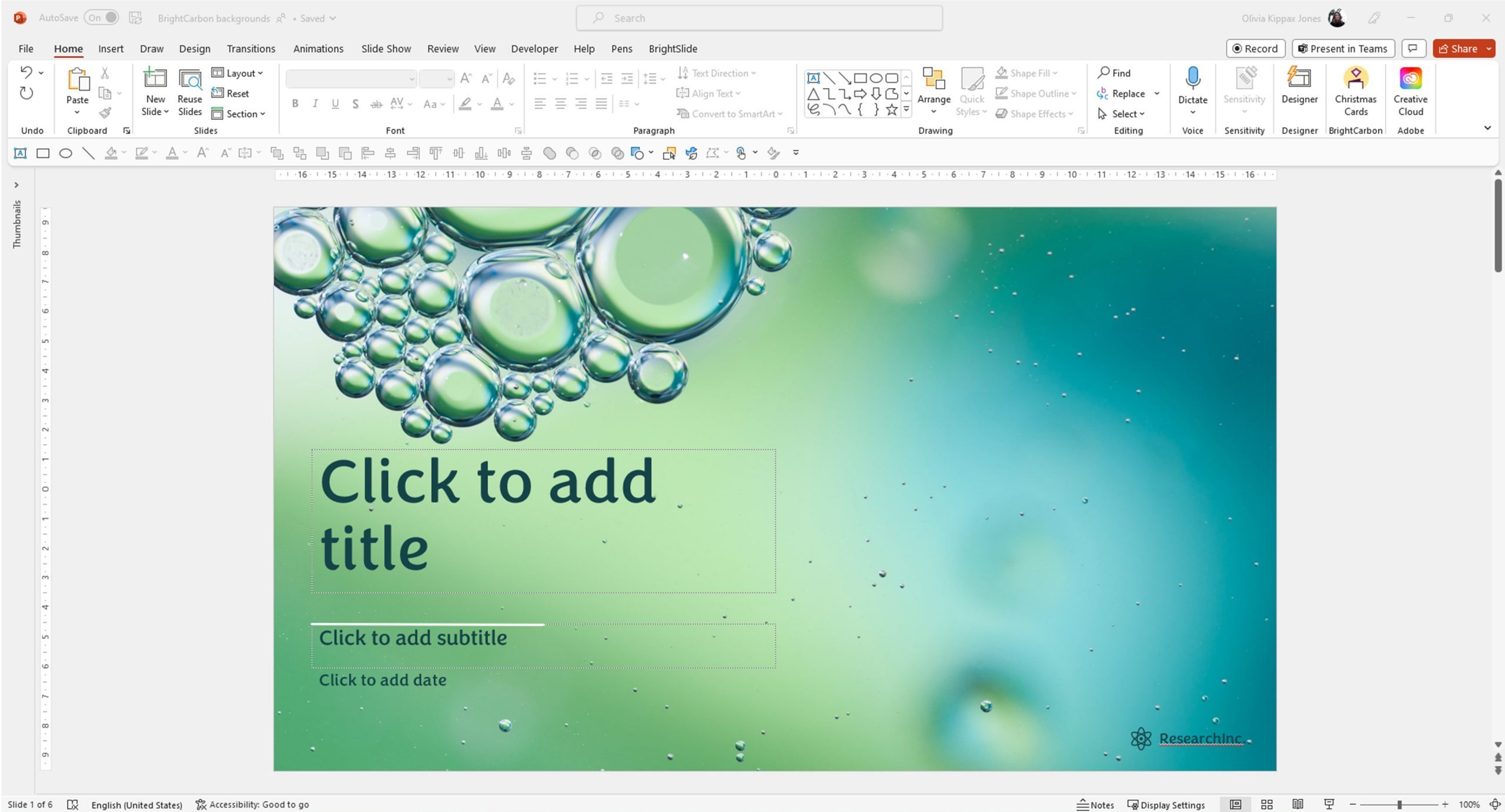 Screenshot of the PowerPoint edit mode. A slide is shown with a clean, professional looking image as the slide background. 