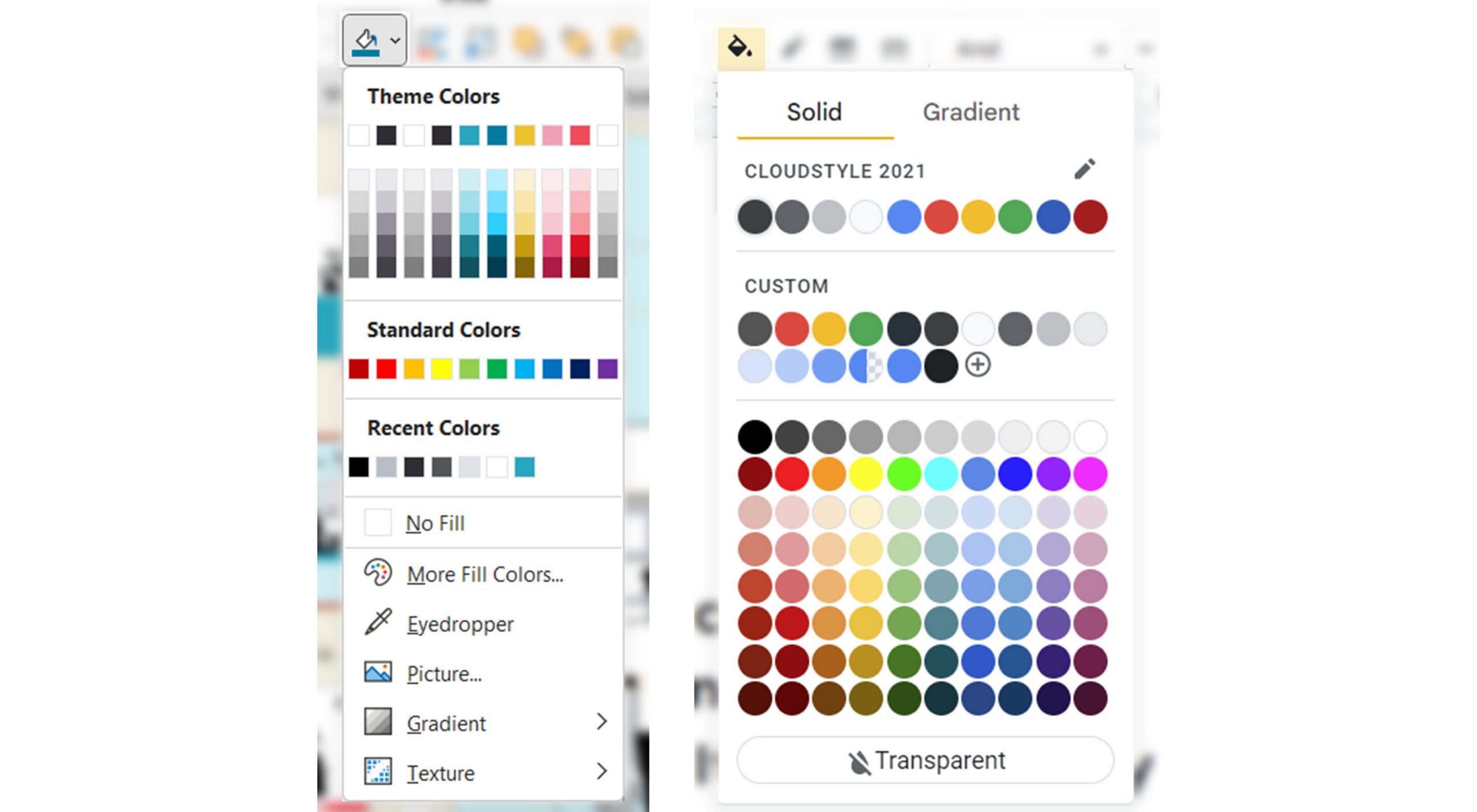 side by side screen shots of the colour drop downs in PowerPoint and Google Slides
