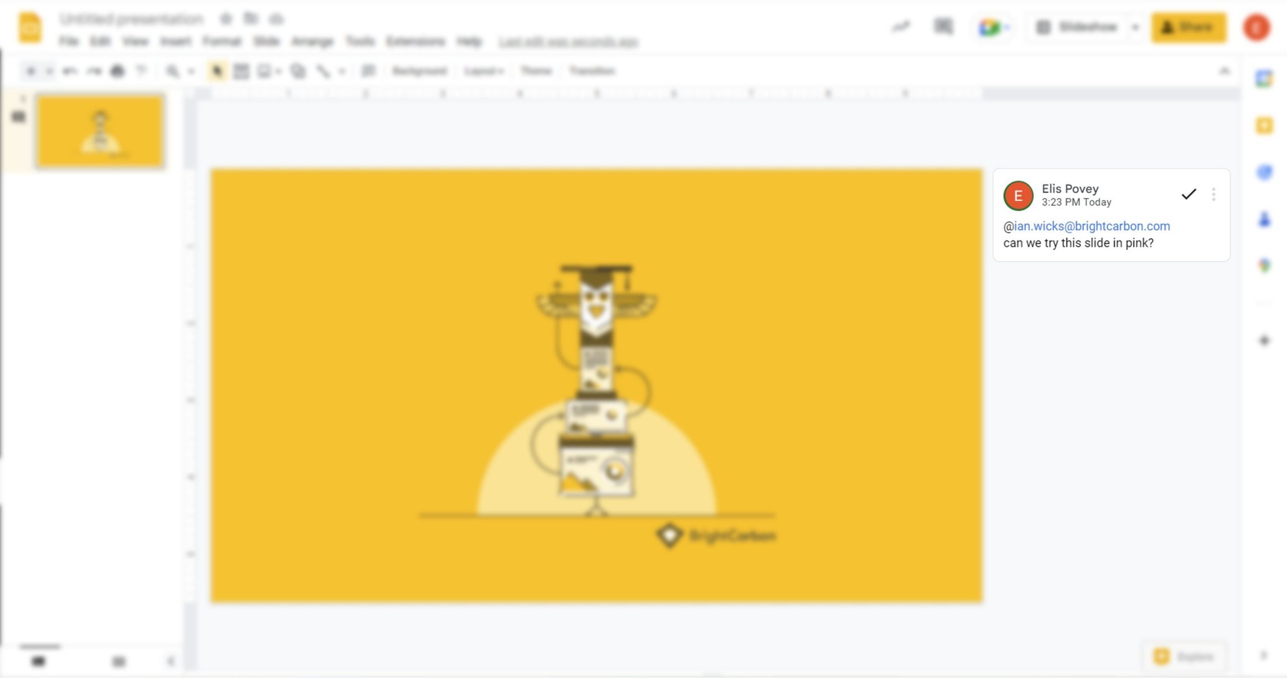 Screenshot of Google Slides showing a comment