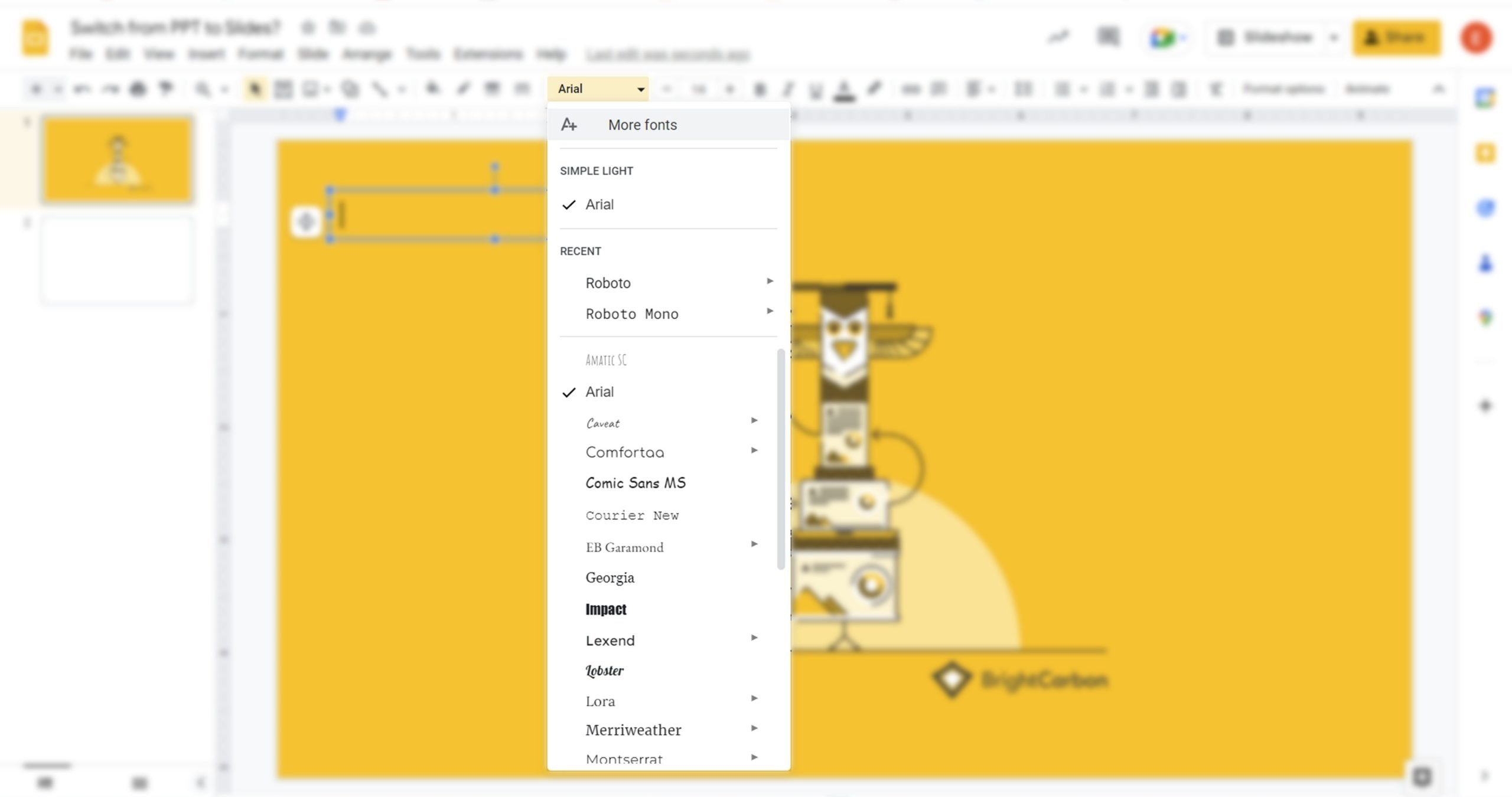 Screenshot of the fonts drop down menu in Google Slides showing the add more fonts option