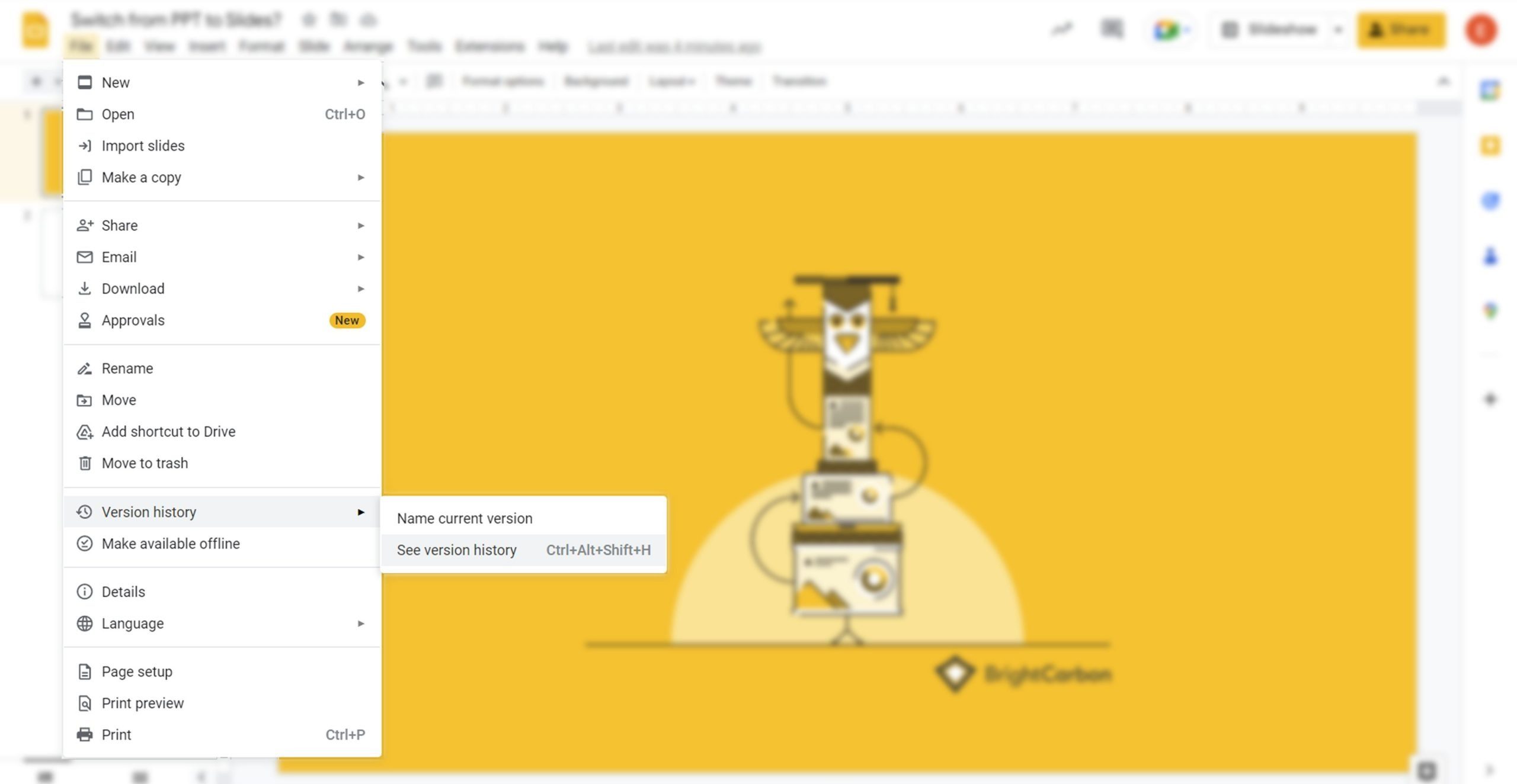 screenshot of the File dropdown menu in Google Slides showing the Version history options (Name current version and See version history)