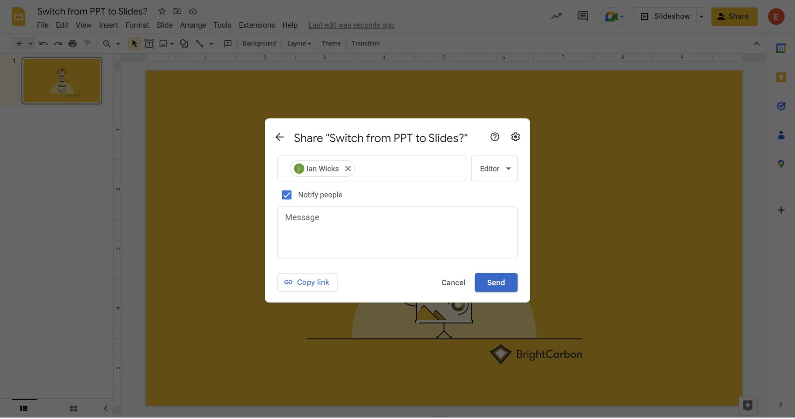 Screenshot of google slides showing the share options
