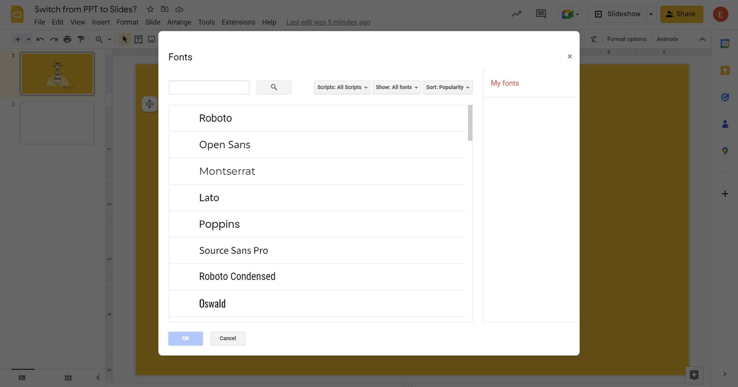 Screenshot of the add more fonts pop up in Google Slides