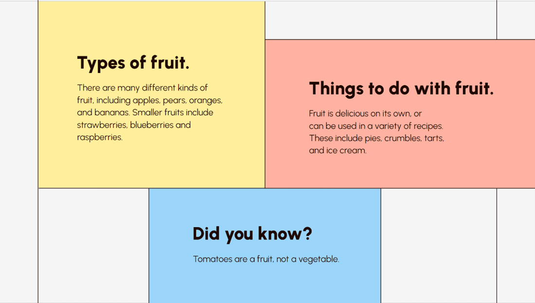 The same content as the previous example is organised into coloured panels