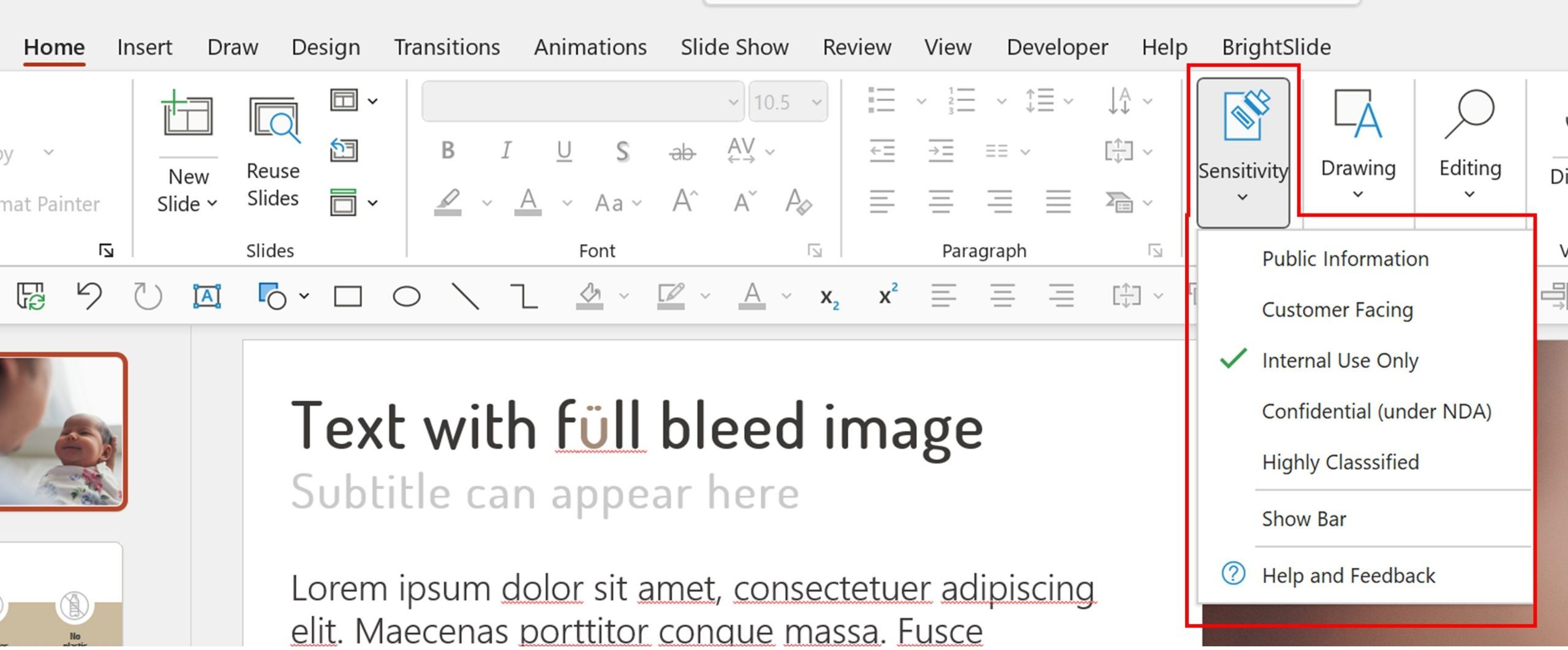 Screenshot of PowerPoint showing the Sensitivity dropdown from the main PowerPoint ribbon