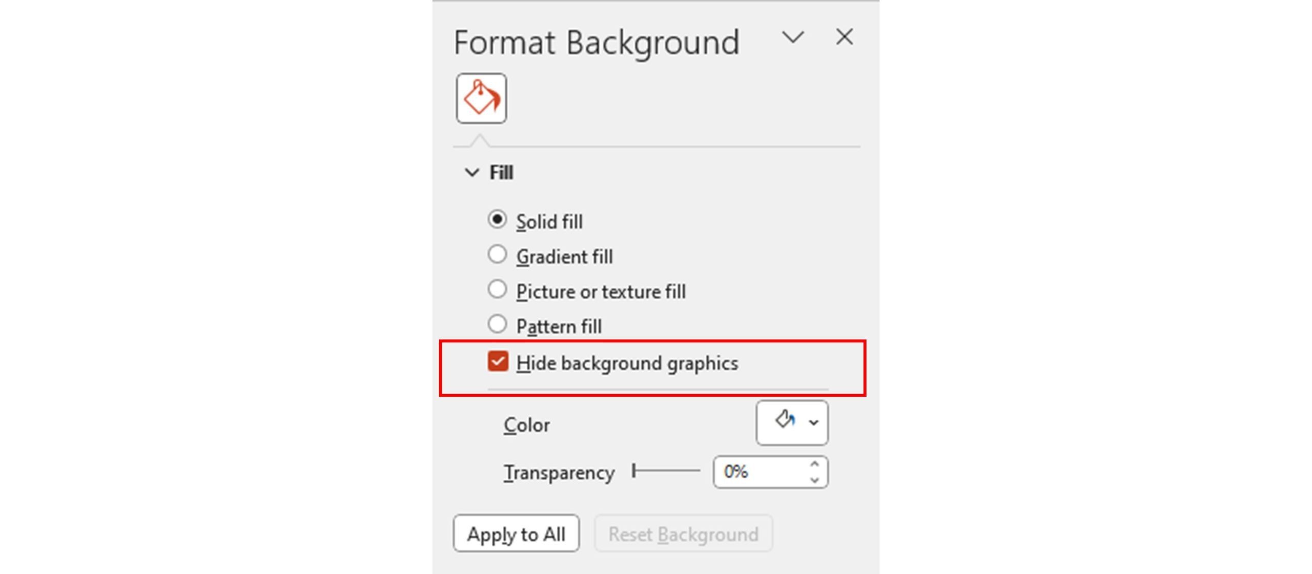 Screenshot of the format background menu in PowerPoint. The Fill option is select and the Hide Background Graphics box is highlighted and checked. 