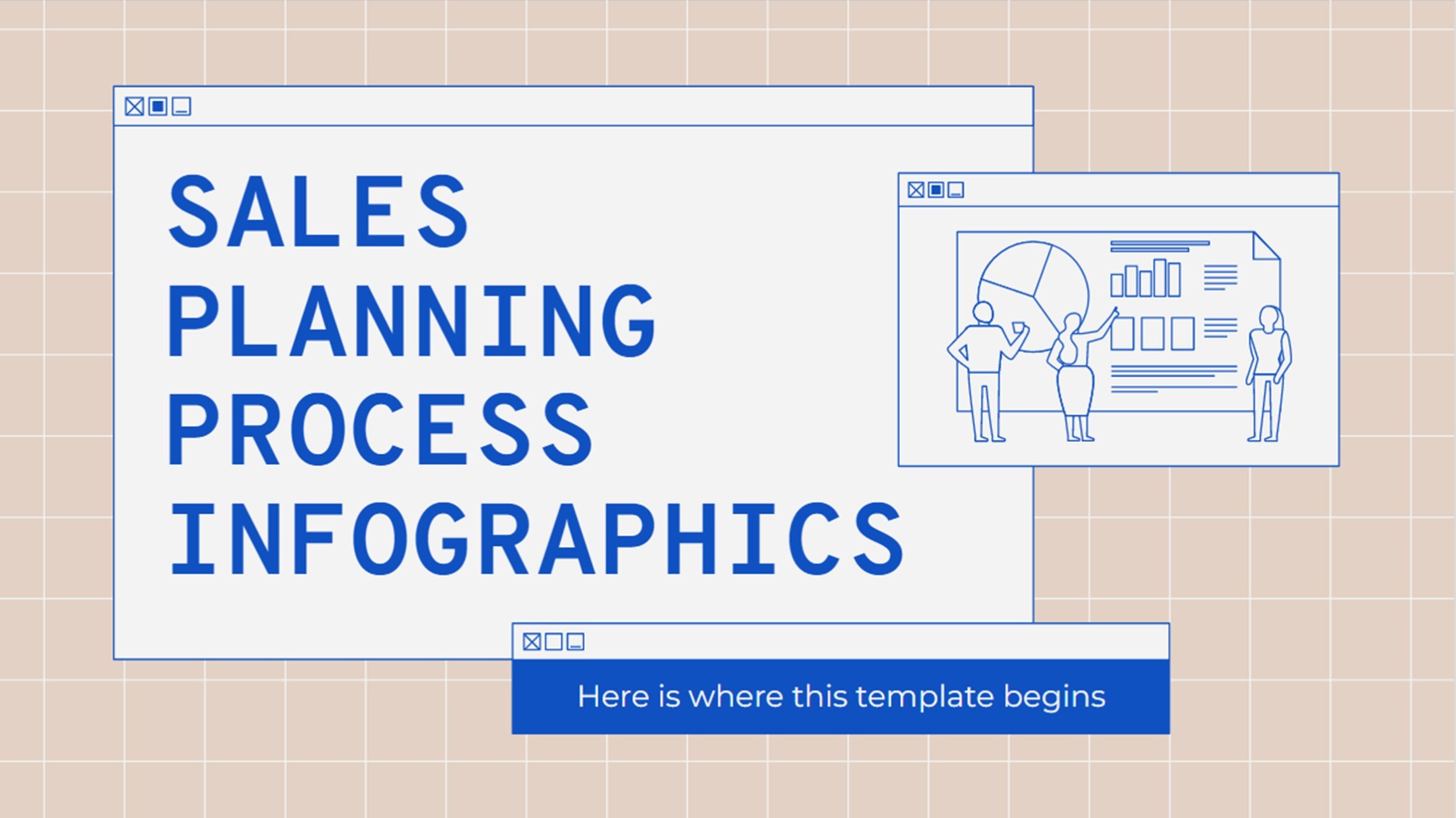 Google Slides template title slide with beige background and UX wire frame type graphics