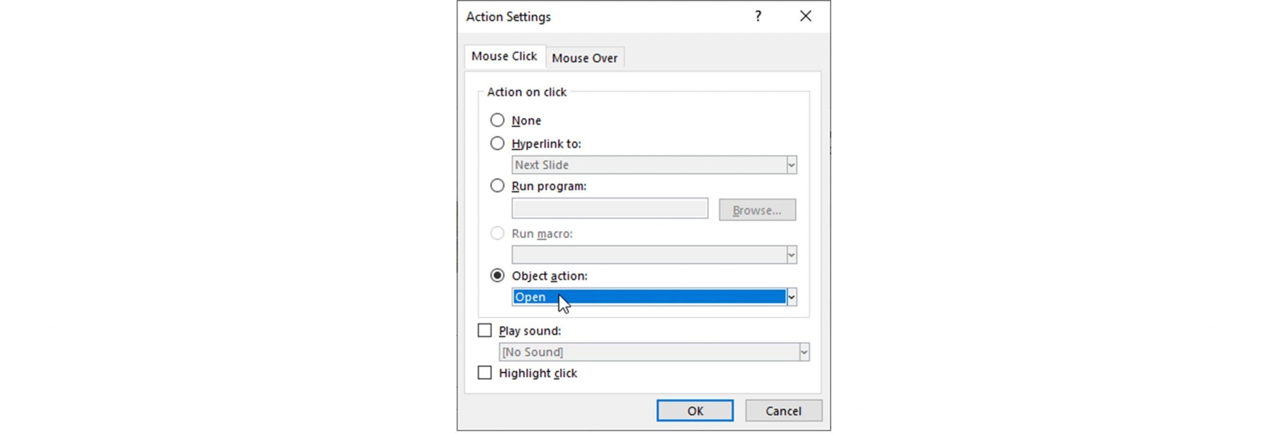 Screenshot of the Action Settings pop up