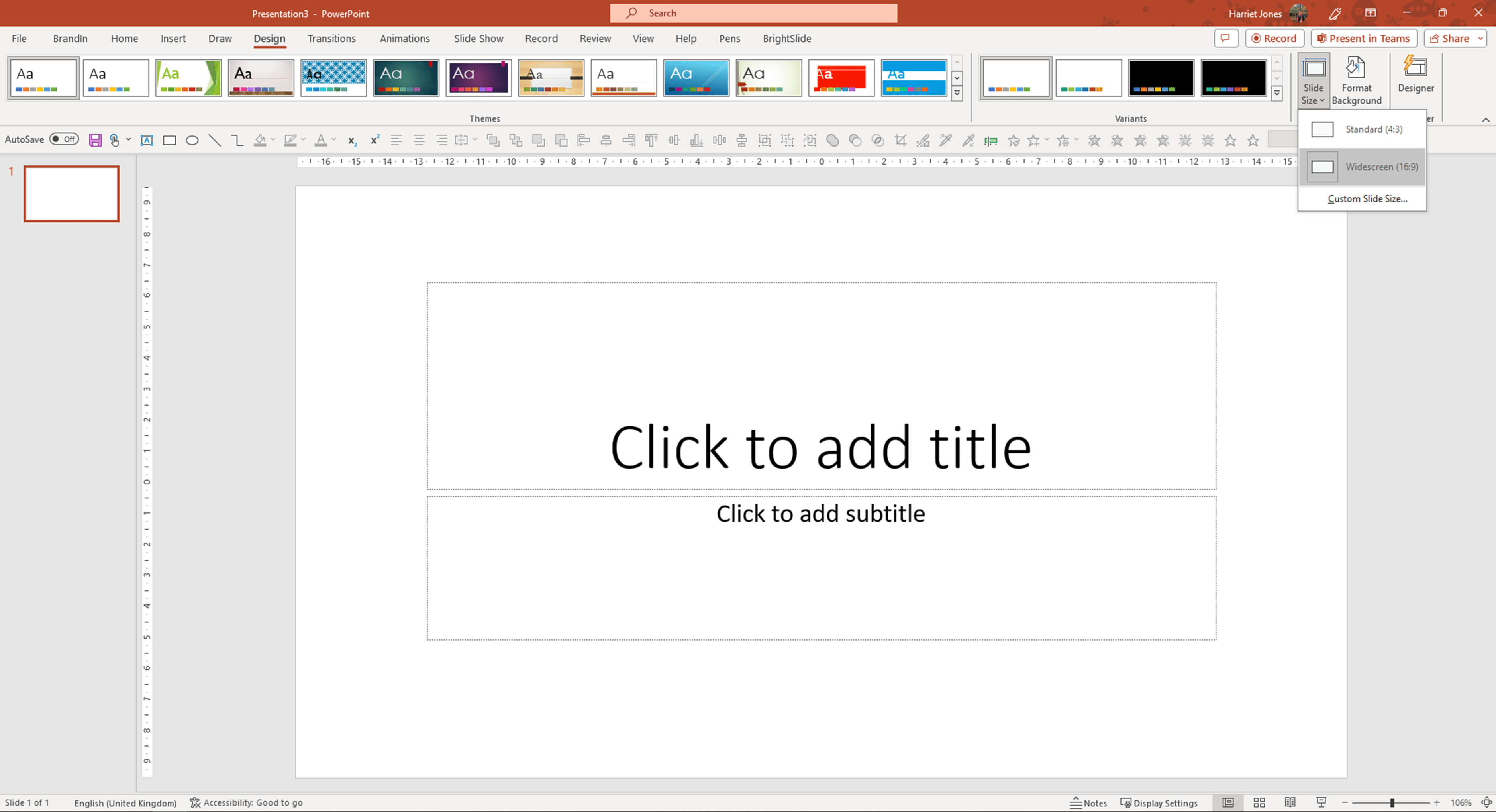 screenshot of PowerPoint showing the Slide Size drop down menu