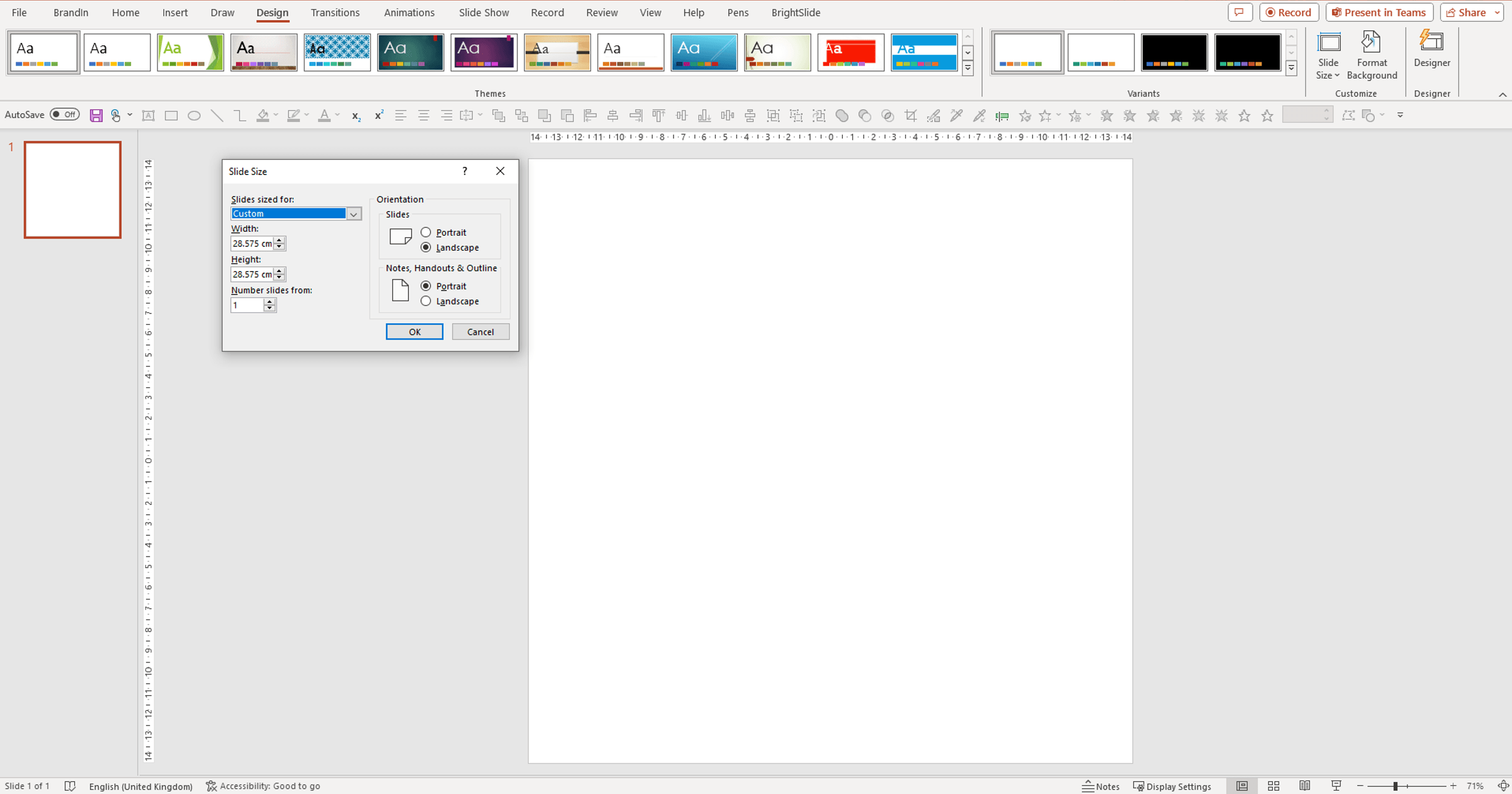 screenshot of a square PowerPoint slide with slide size pop up