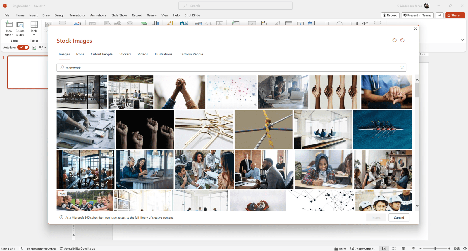 Screenshot of PowerPoint insert stock imagery pop up showing images of teamwork