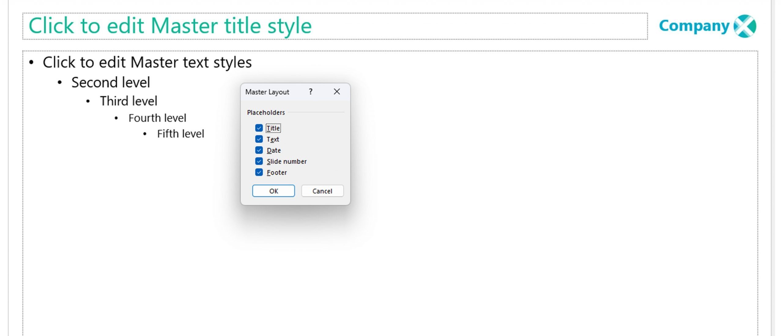 Screenshot of the Master Layout pop up showing options with check boxes: Title, Text, Date, Slide number, Footer