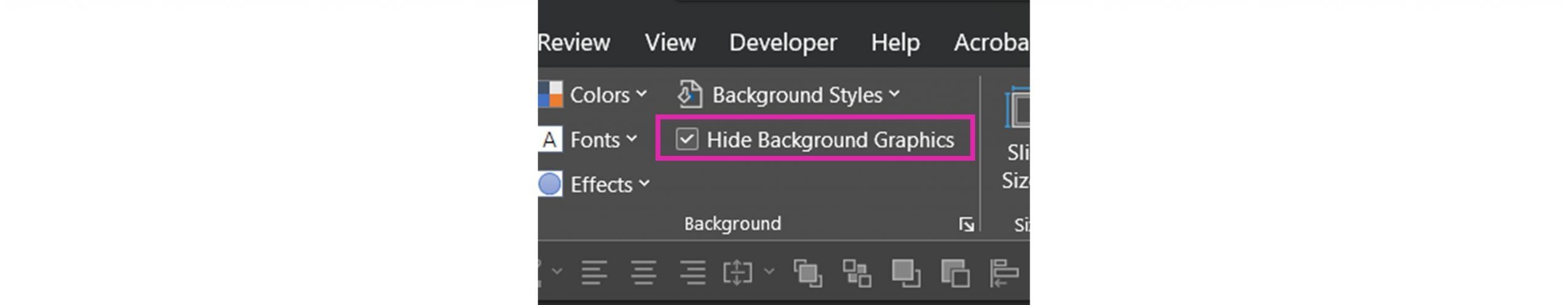 screenshot of PowerPoint ribbon with Hide Background Graphics check box highlighted
