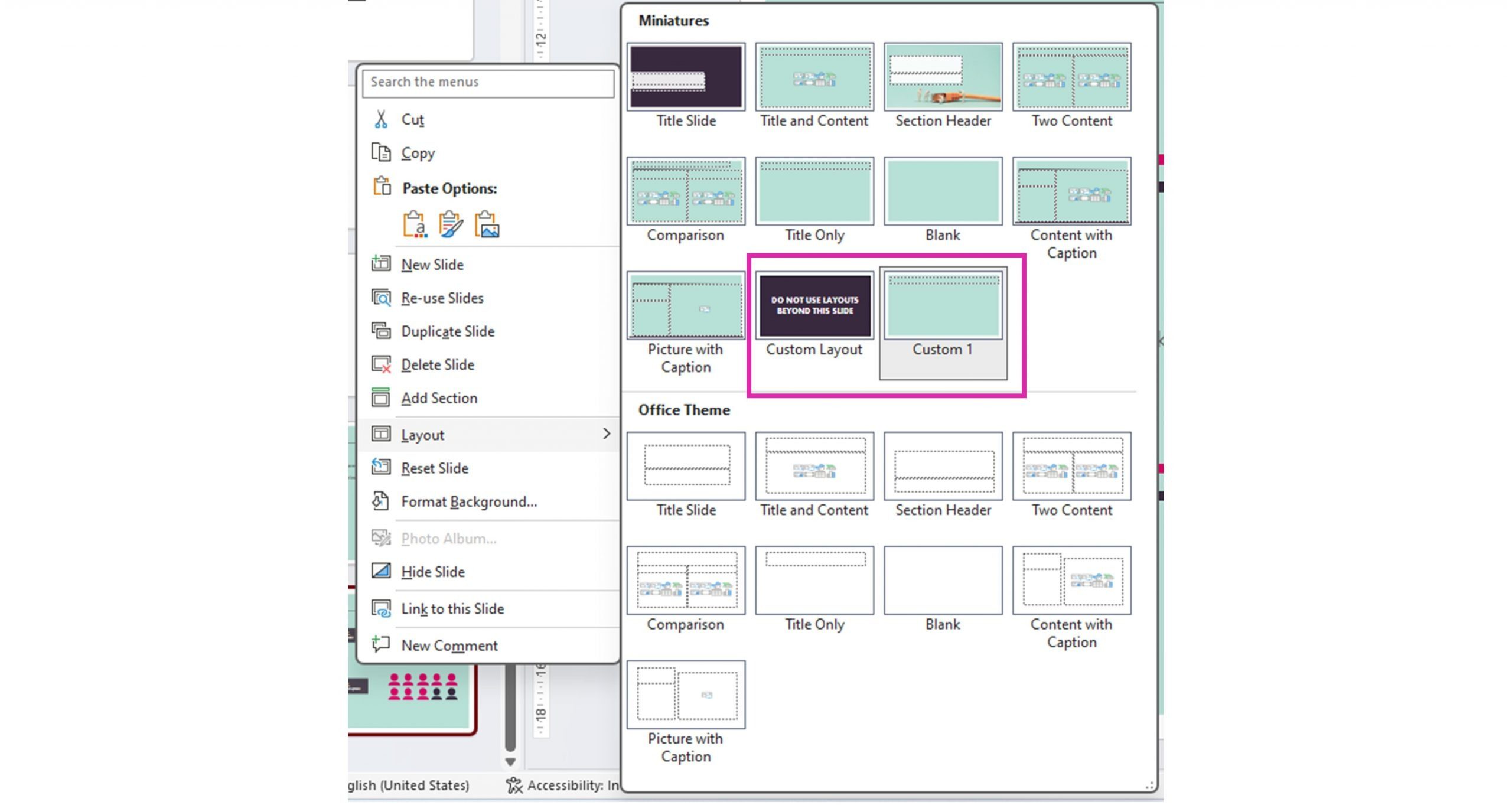 Screenshot of PowerPoint layouts. Second to last layout is a blank slide with 'Do not use layouts beyond this slide' on. 