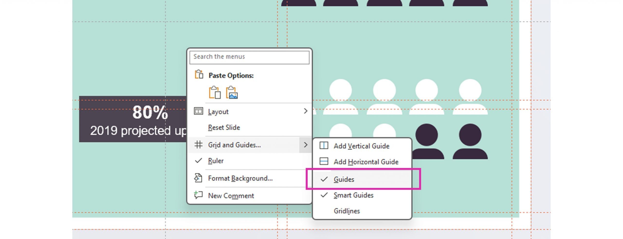 Right-click menu showing Grid and Guides option