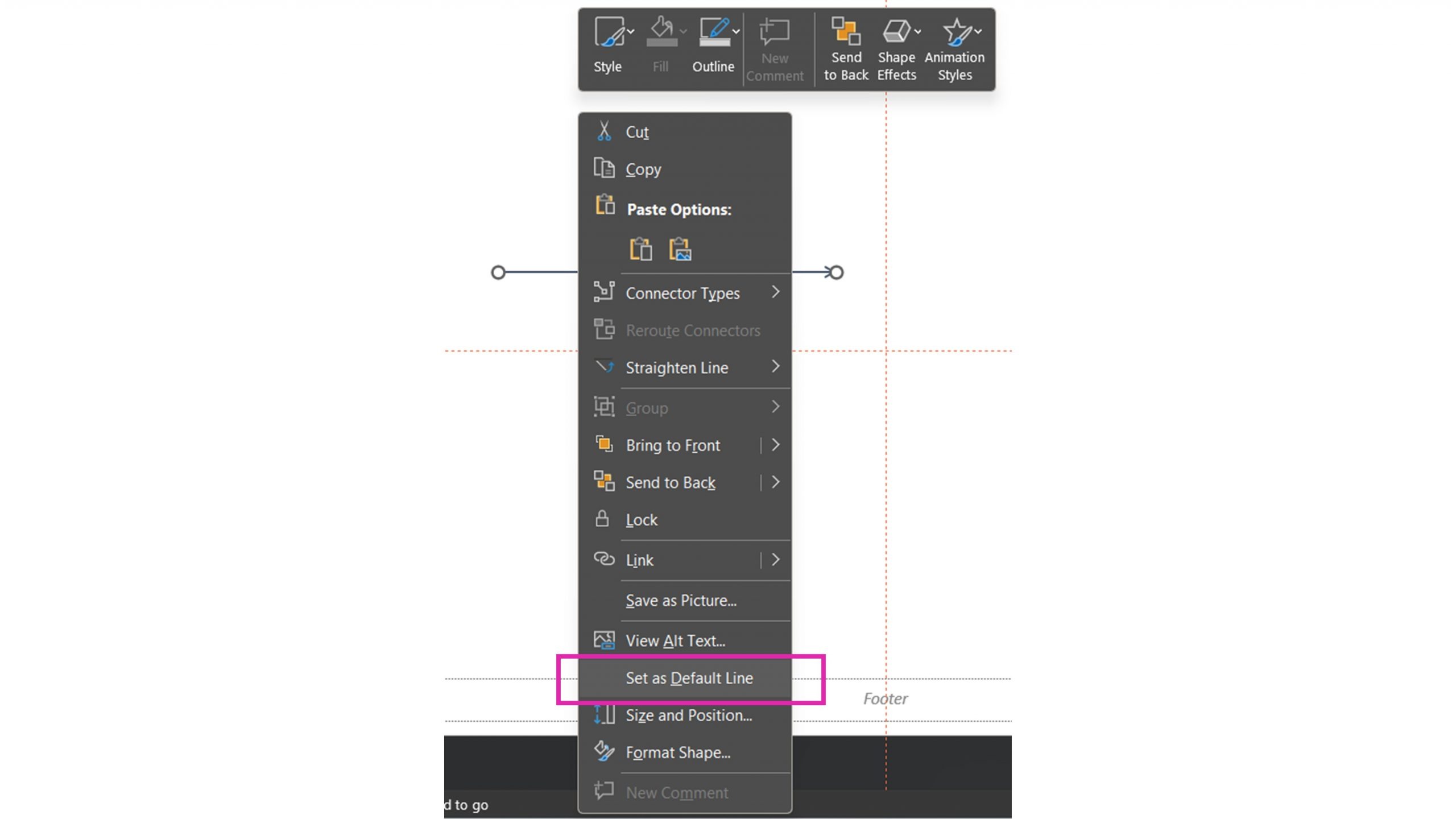 Screenshot, right click on a line with Set as Default Line option highlighted