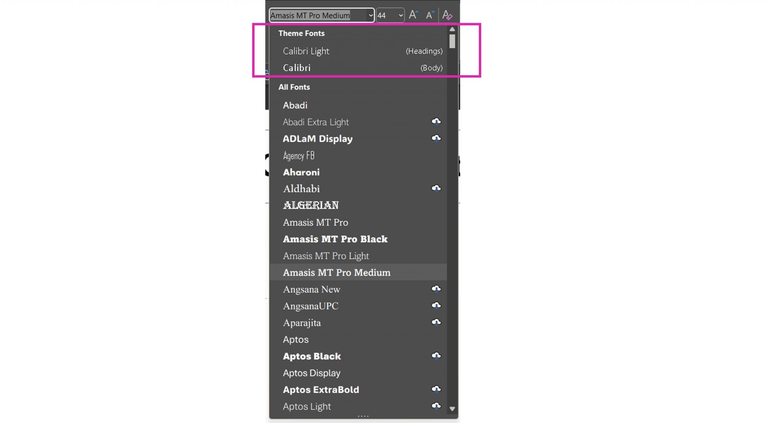 Screenshot, font menu drop down with theme fonts highlighted