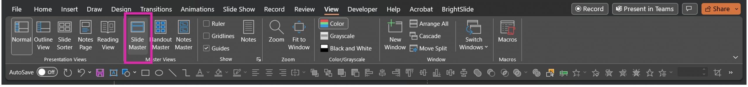 Screenshot of PowerPoint ribbon with View tab selected and Slide Master option highlighted 