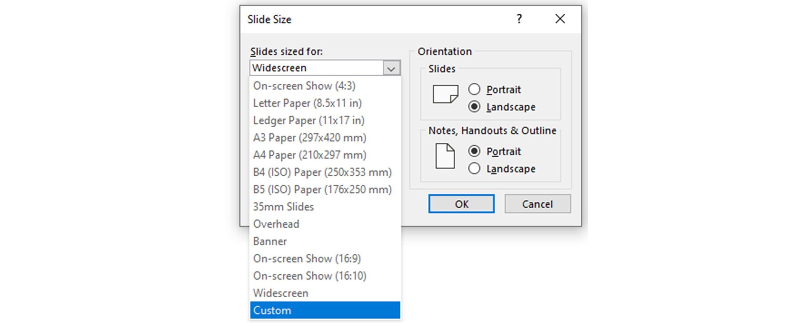 Slide size pop up with 'Slides sized for:' drop down open