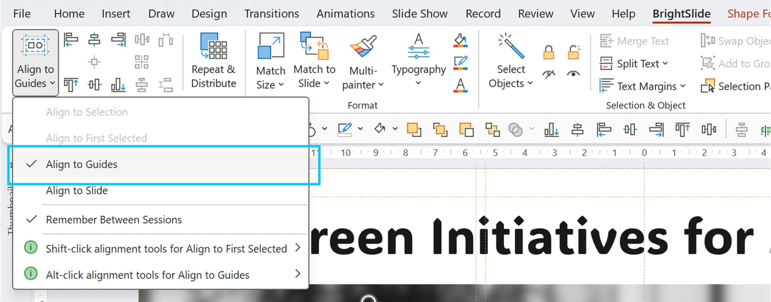 Screenshot of Align to Guides BrightSlide Alignment mode in PowerPoint
