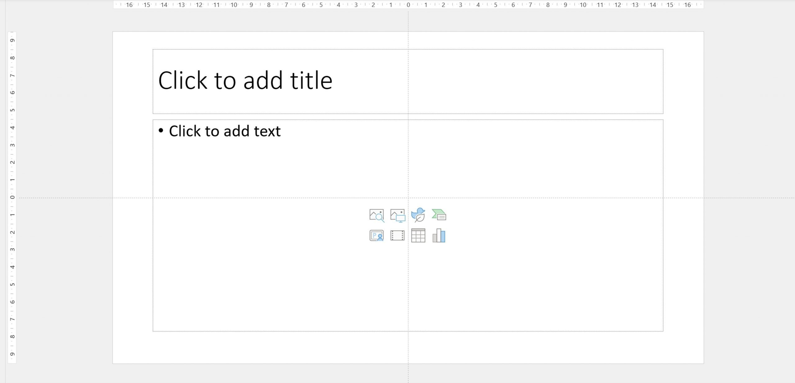 Screenshot of blank PowerPoint slide with default guides, two lines one horizontal and one vertical across the slide