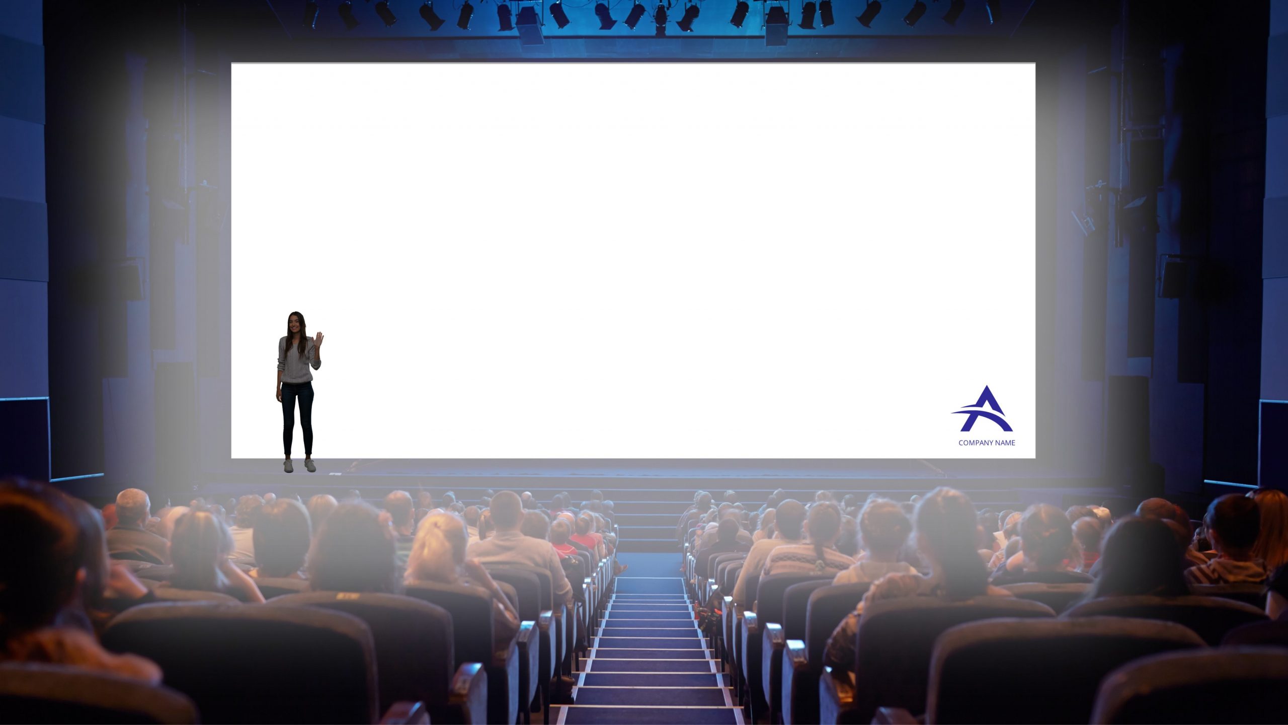 mock up of a conference presentation with a bright white screen with the presenter in shadow in front of it 