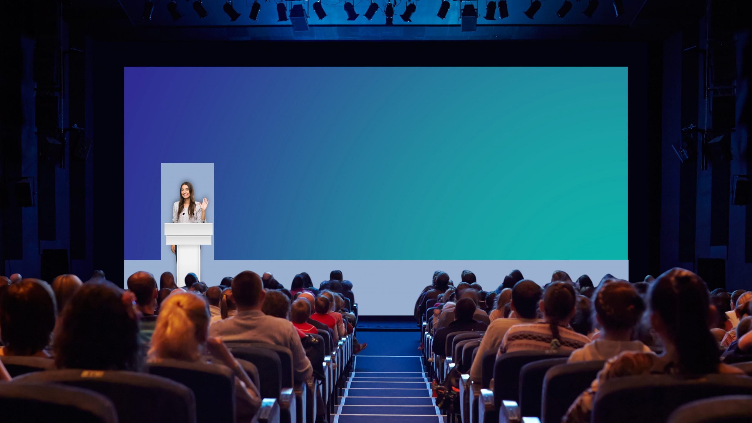 Same mock up with sections of the conference presentation screen blocked out around the presenter and along the bottom where the audience heads overlap with the screen.