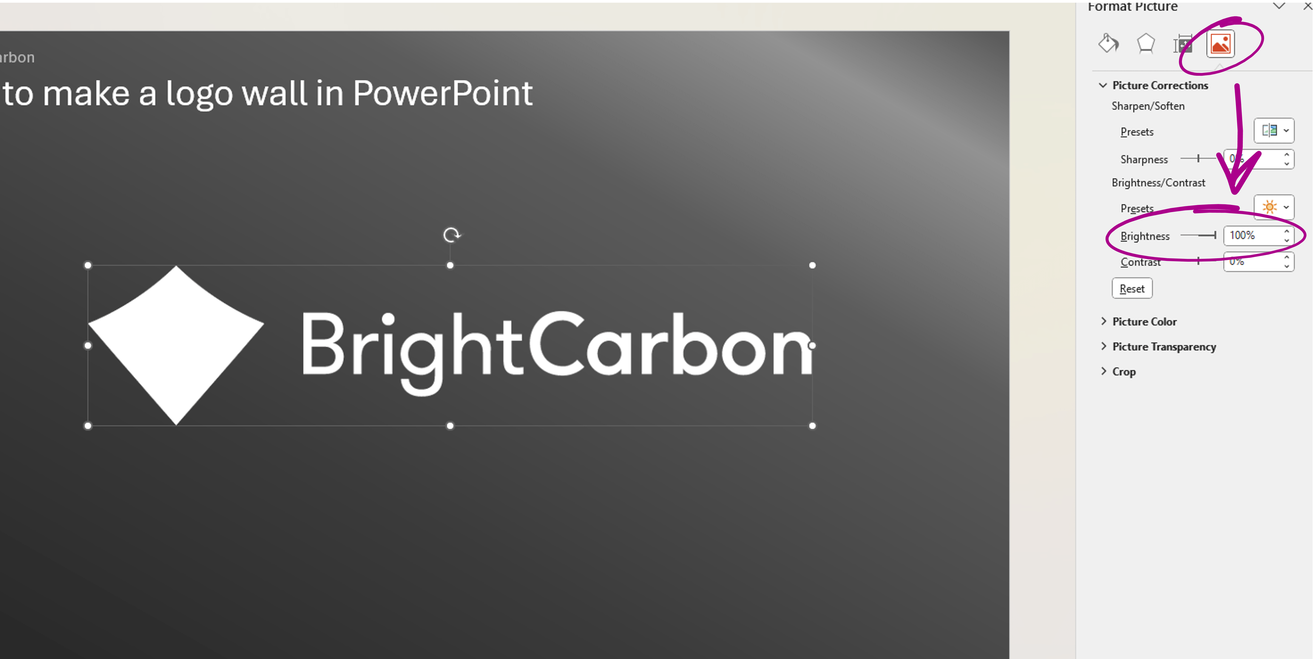Navigate to Picture Corrections and set Brightness to 100%