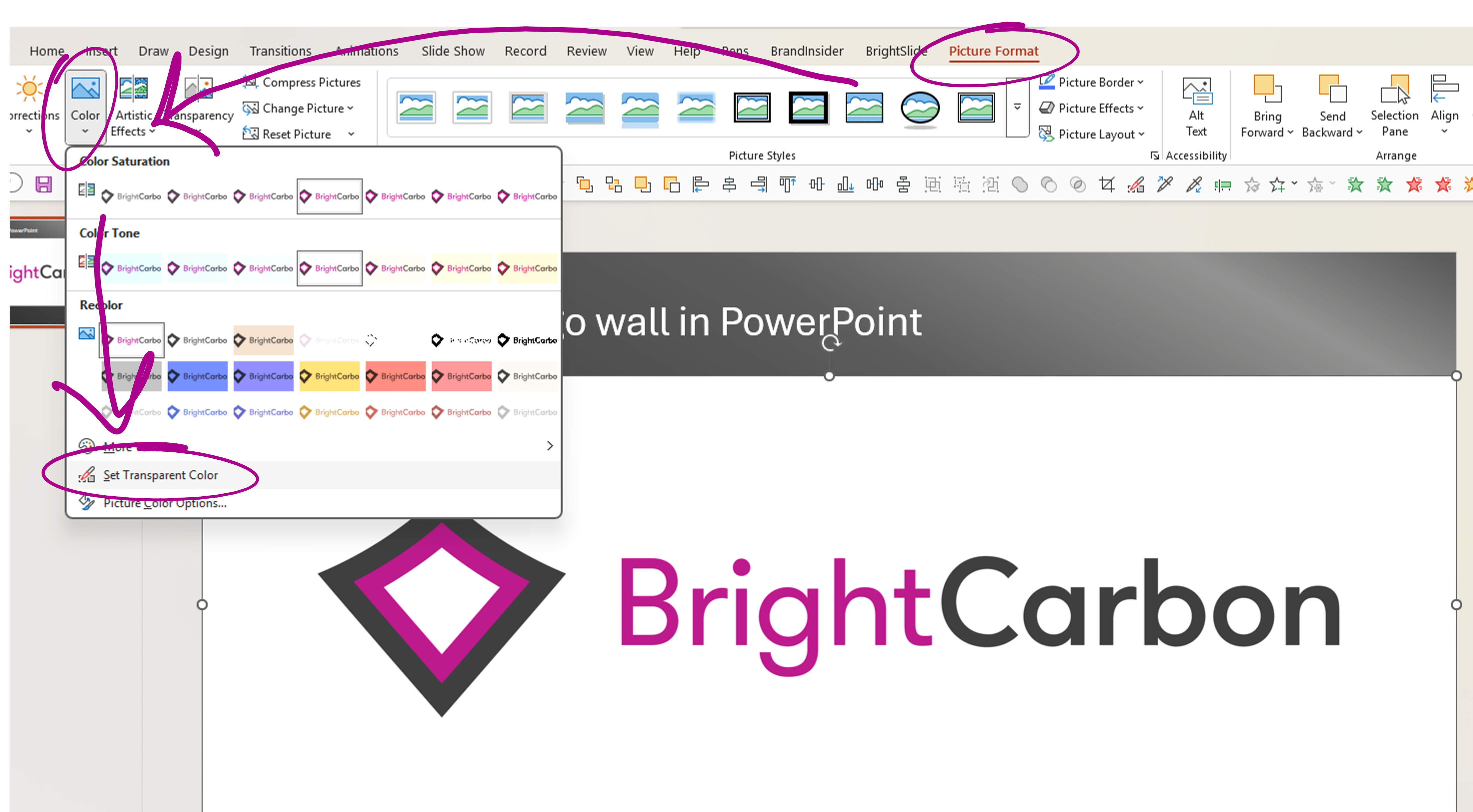 Choose Colour in the Picture Format ribbon and Set Transparent Colour