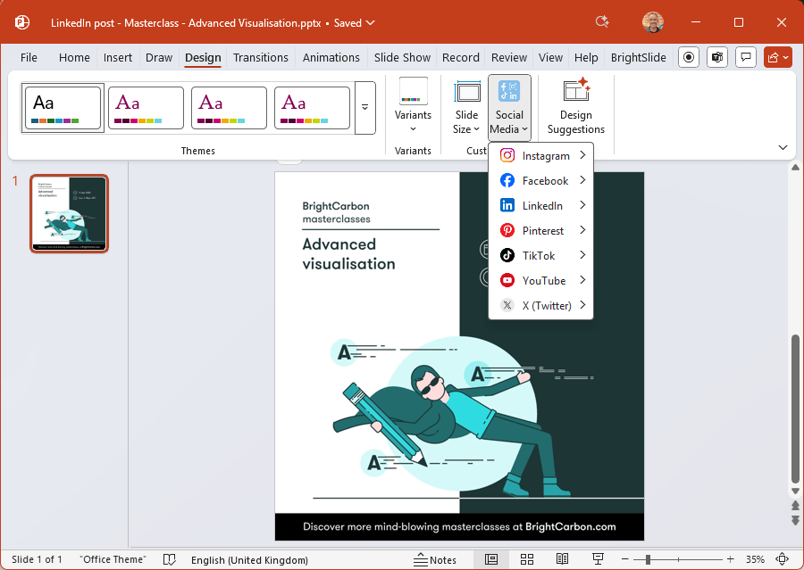 Social Media Canvas for PowerPoint - Design tab (screenshot)