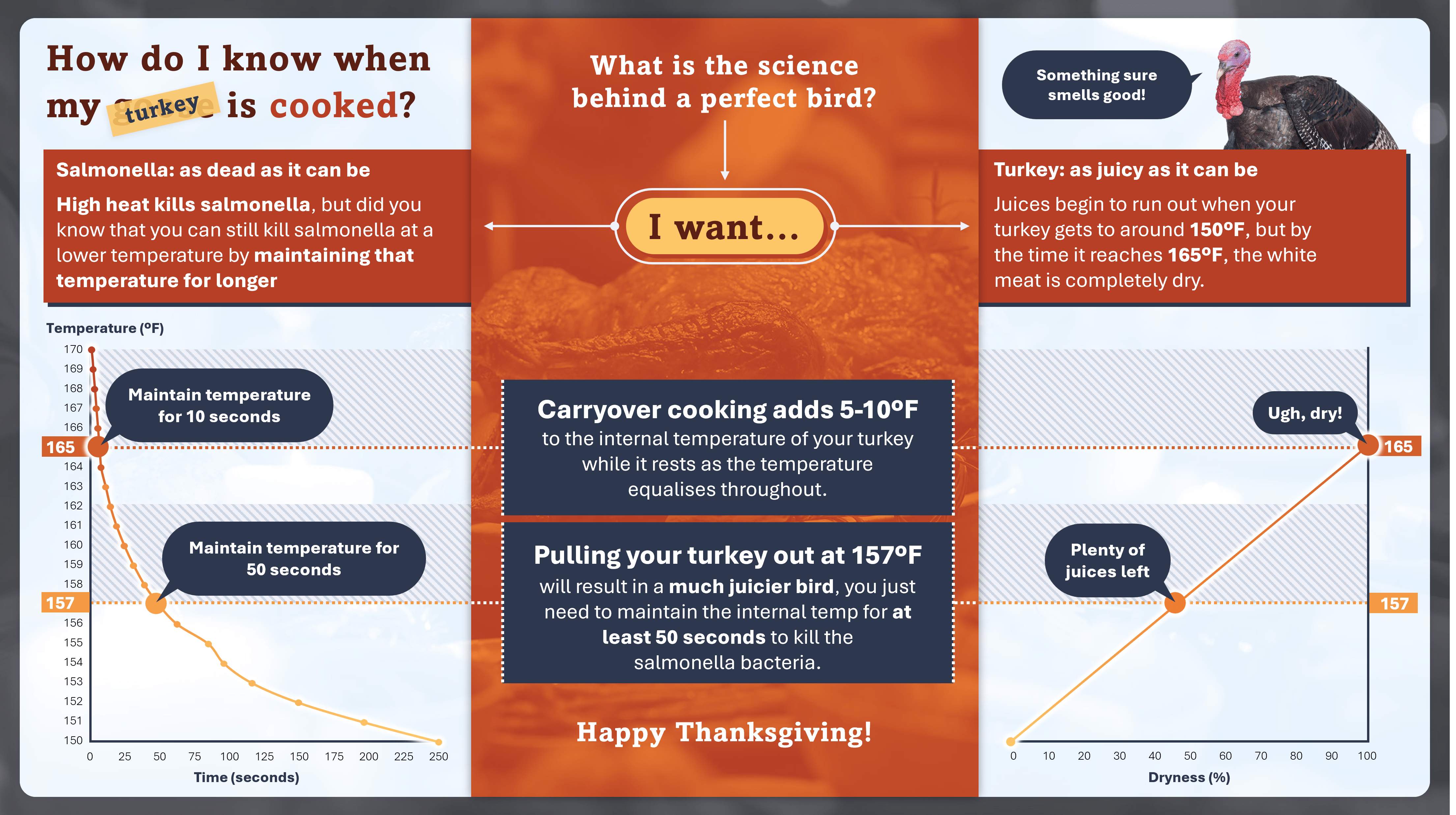 data visualisation showing the time it takes salmonella to die at different temperatures compared to the juices lost in a turkey