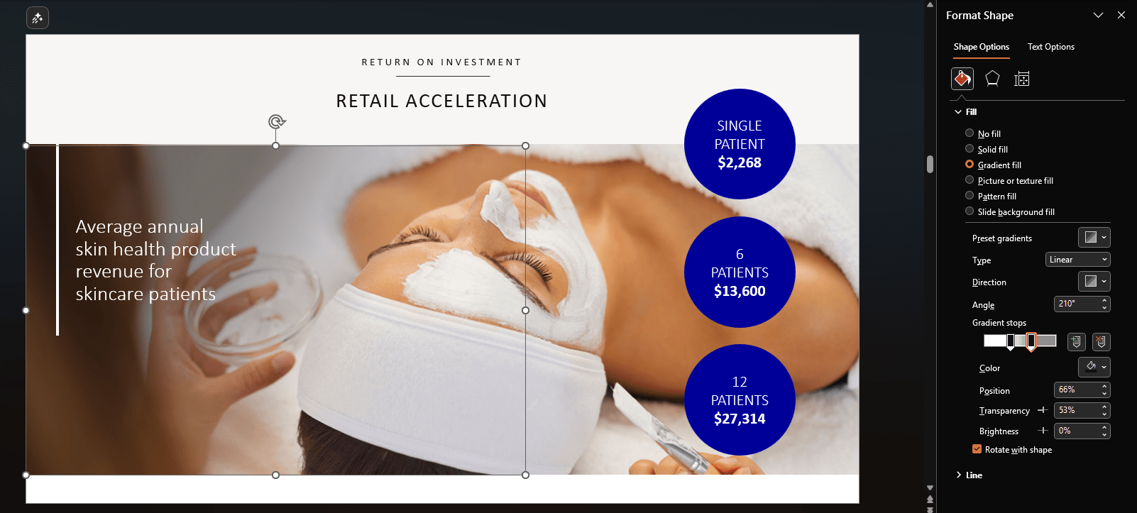 screenshot showing format shape options for adding a semi-transparent gradient in PowerPoint