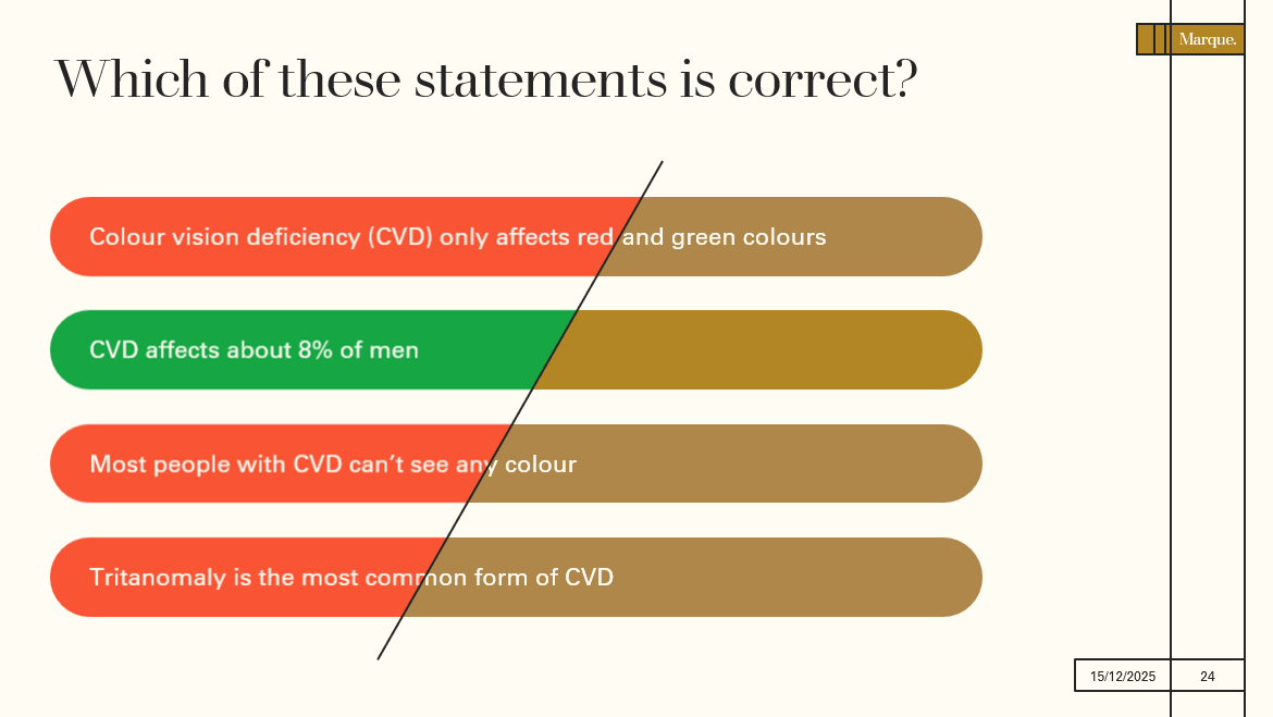 slide showing an example of how someone with red-green colour blindness would view content coloured red and green