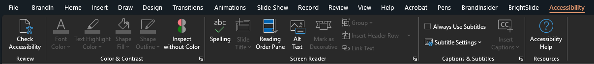 How to navigate to the 'inspect without colour' option within PowerPoint's accessibility sub-menu