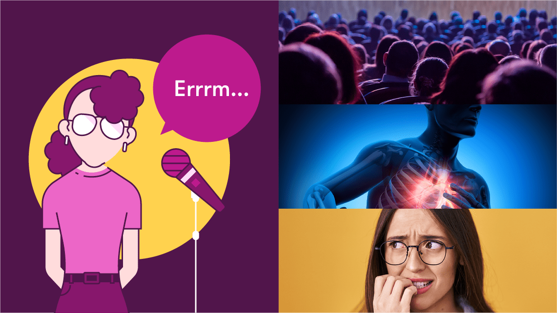 the out of my comfort zone presenter starter pack: nervous woman, figure with heartburn, big audience