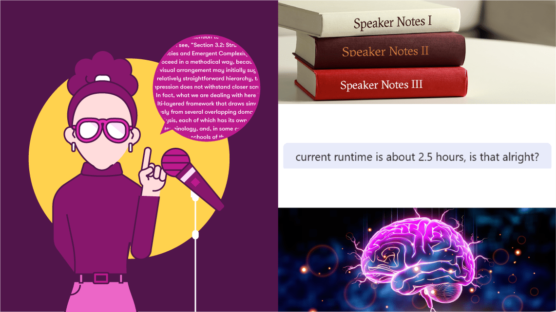 the 'need to know my stuff' presenter starter pack: three volumes of speaker notes, message chat detailing a long run time, massive brain