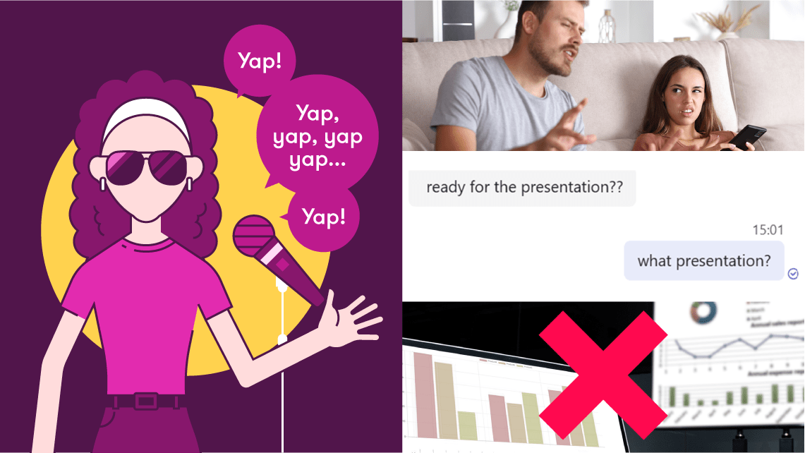 the 'wing it' presenter starter pack: man talking to disinterested woman, message chat about lack of preparation, presentation slides with a cross over them