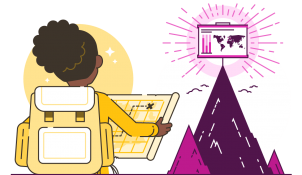 person with a map looking at a mountain