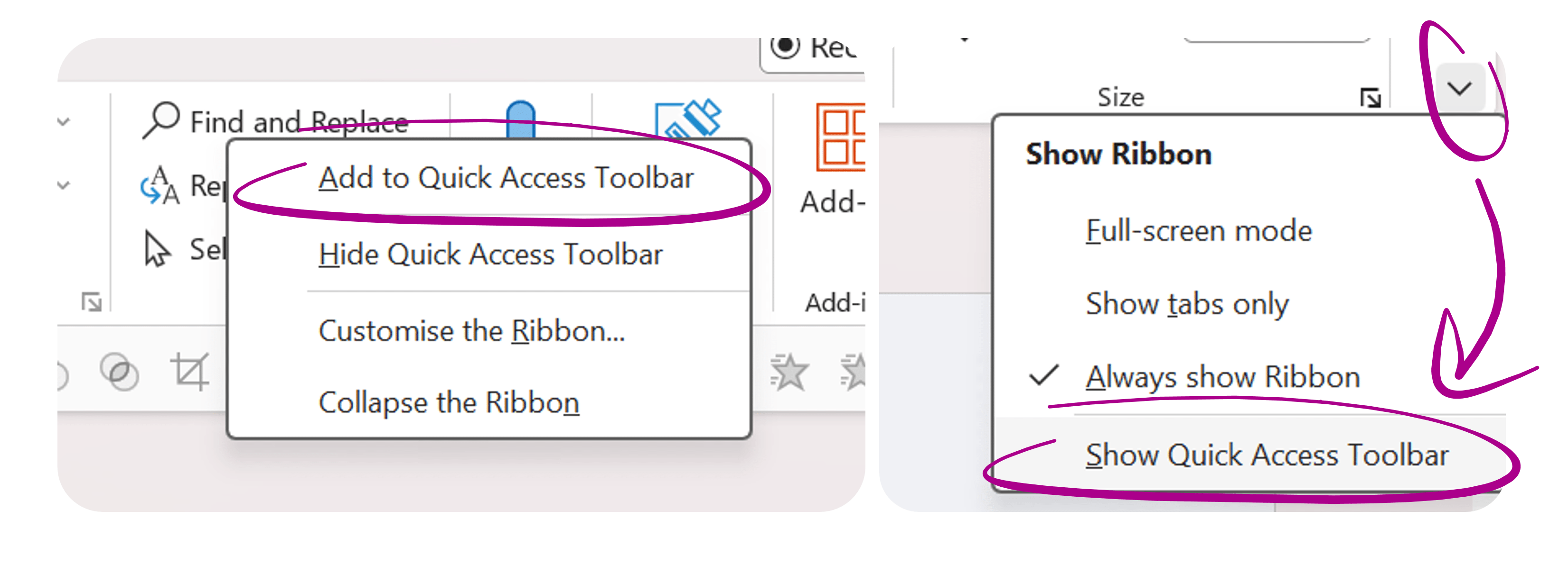 Screenshots showing how to add a feature to the Quick Access Toolbar in PowerPoint