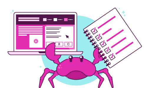 illustration of a crab holding a laptop and a checklist