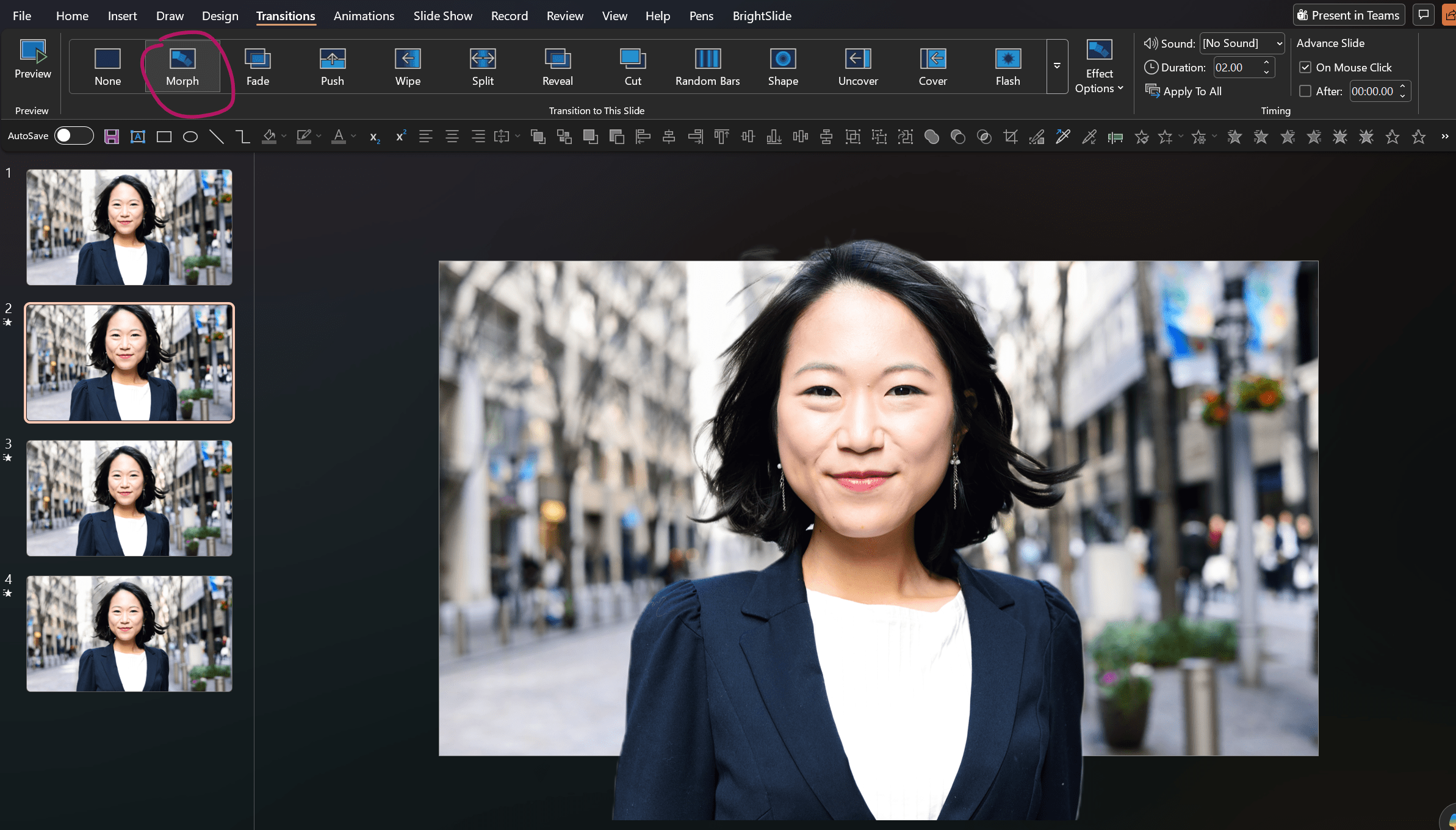 screenshot showing how to use Morph to transition between two PowerPoint slides