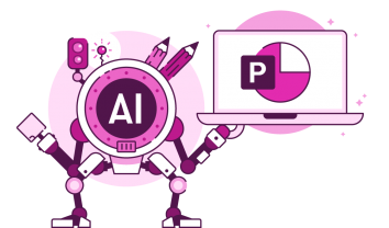 AI robot holding a laptop with PowerPoint open